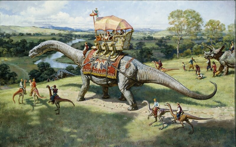 Dinosaurs in a pastoral landscape