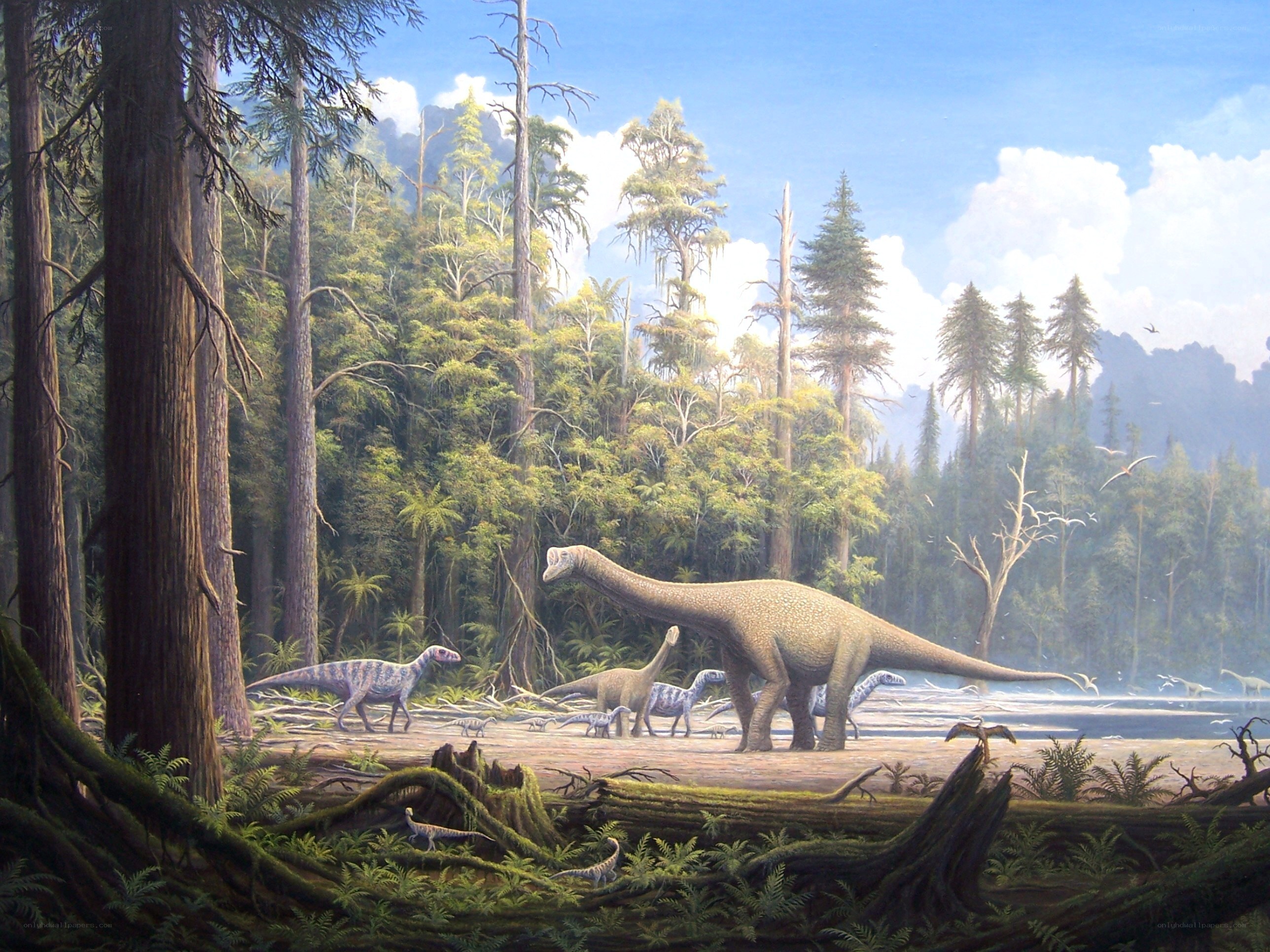 Dinosaurs in a prehistoric forest