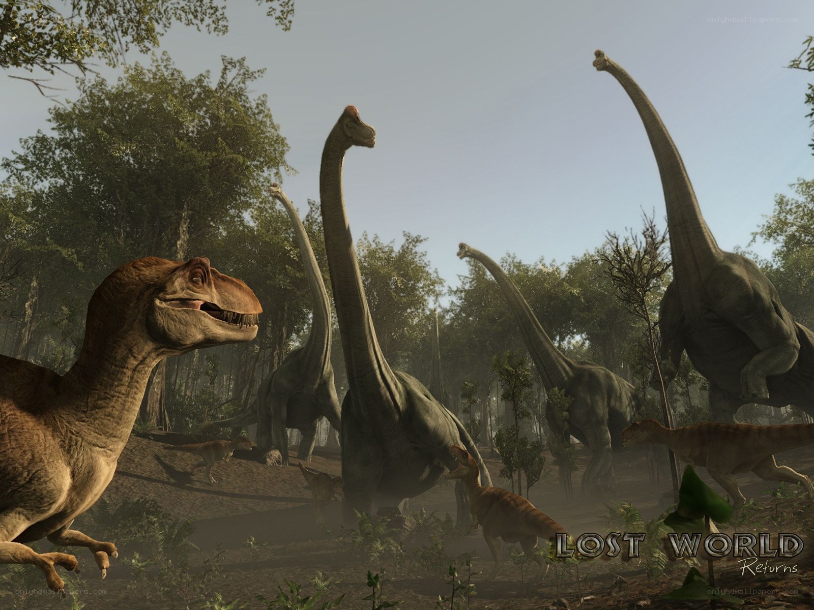 Dinosaurs in a prehistoric forest