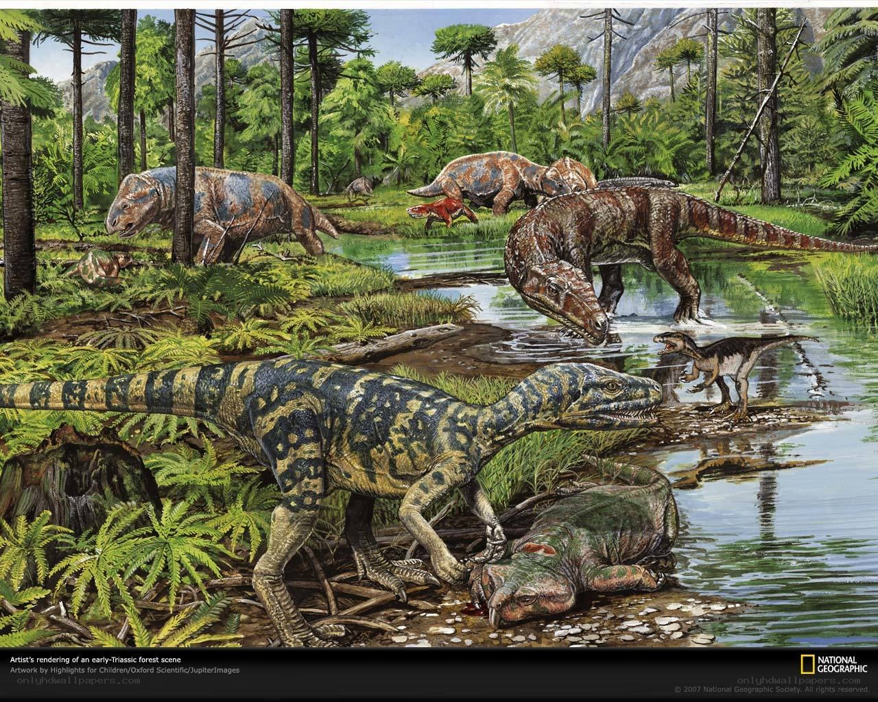 Dinosaurs in a prehistoric forest