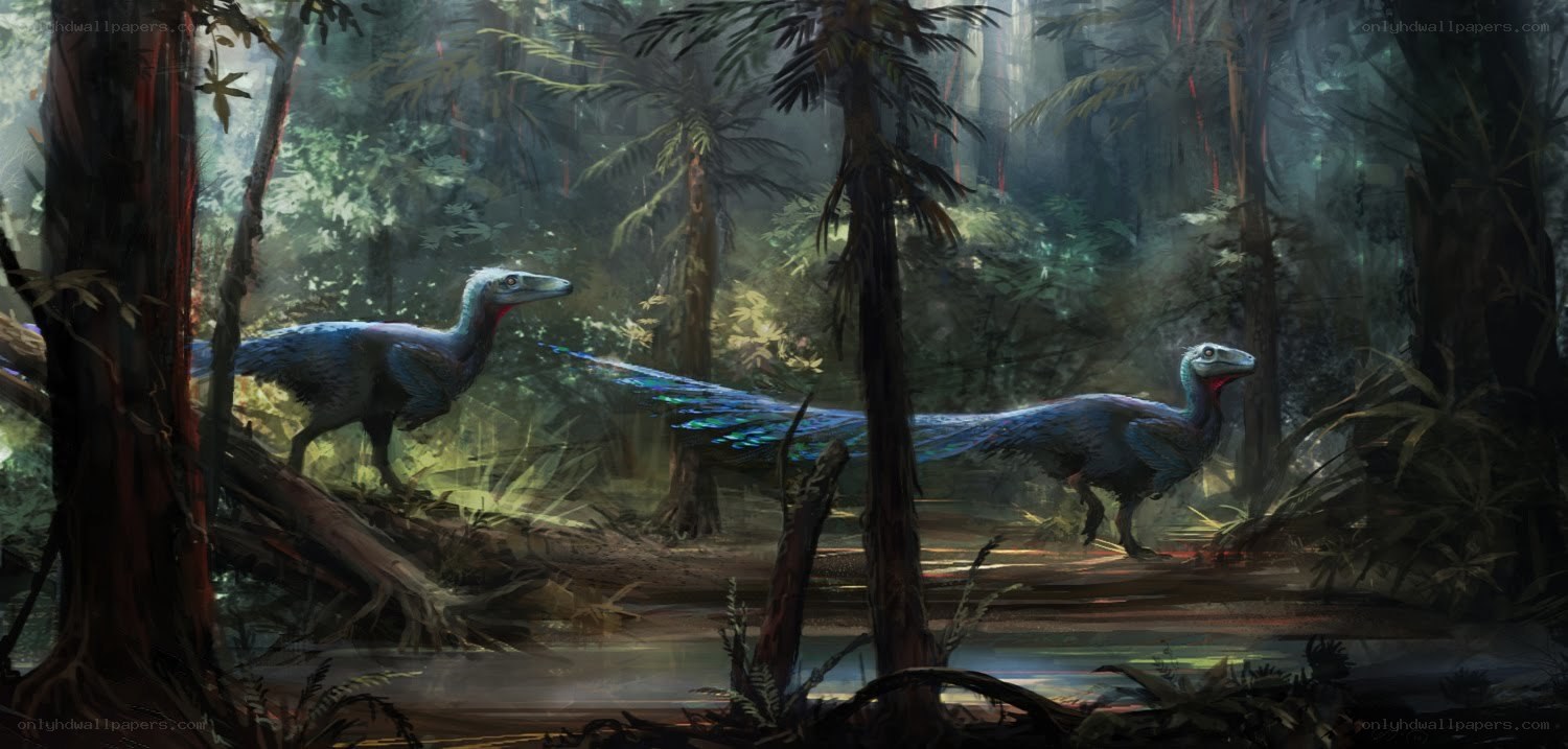 Dinosaurs in a prehistoric forest