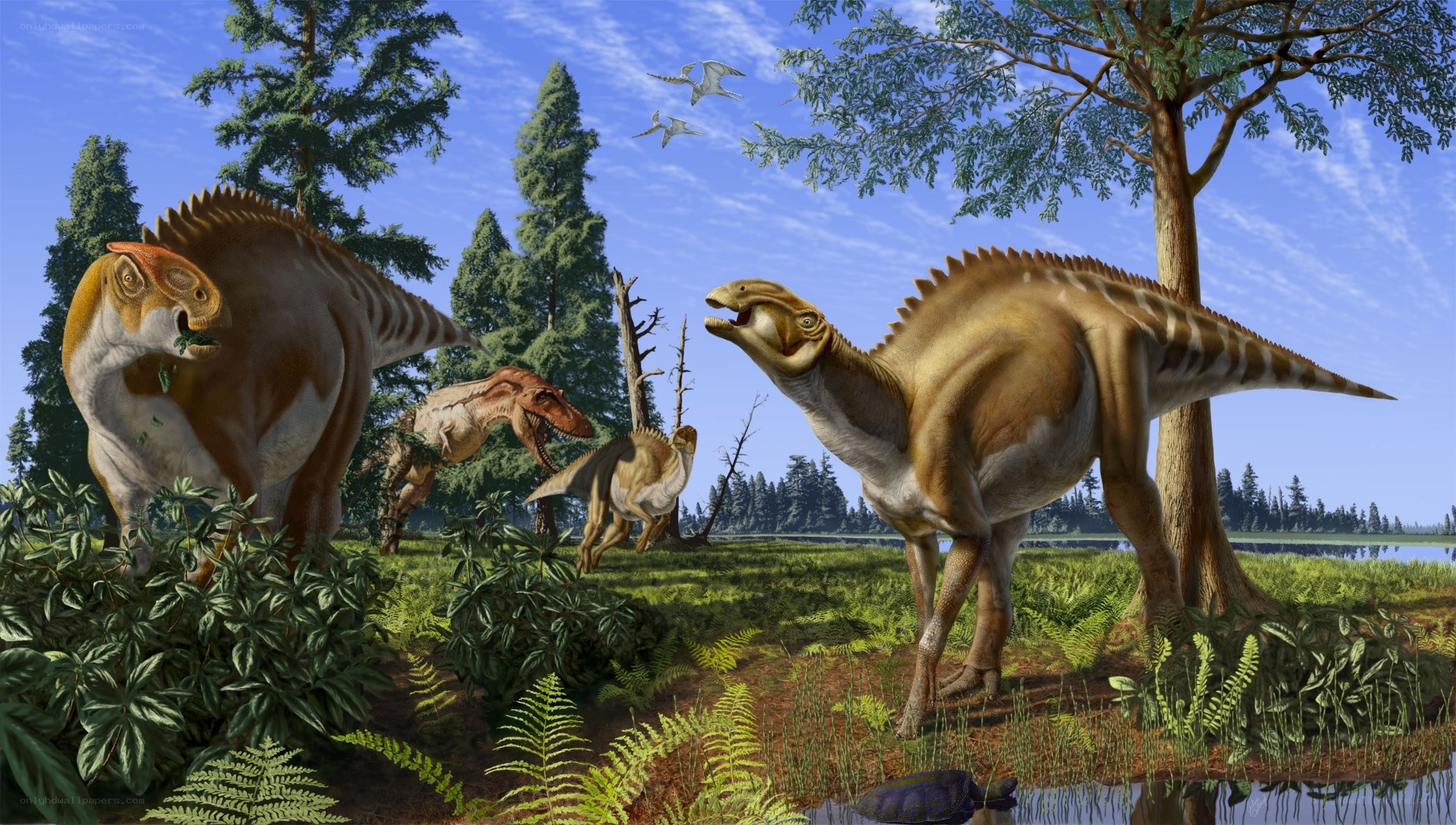 Dinosaurs in a prehistoric forest