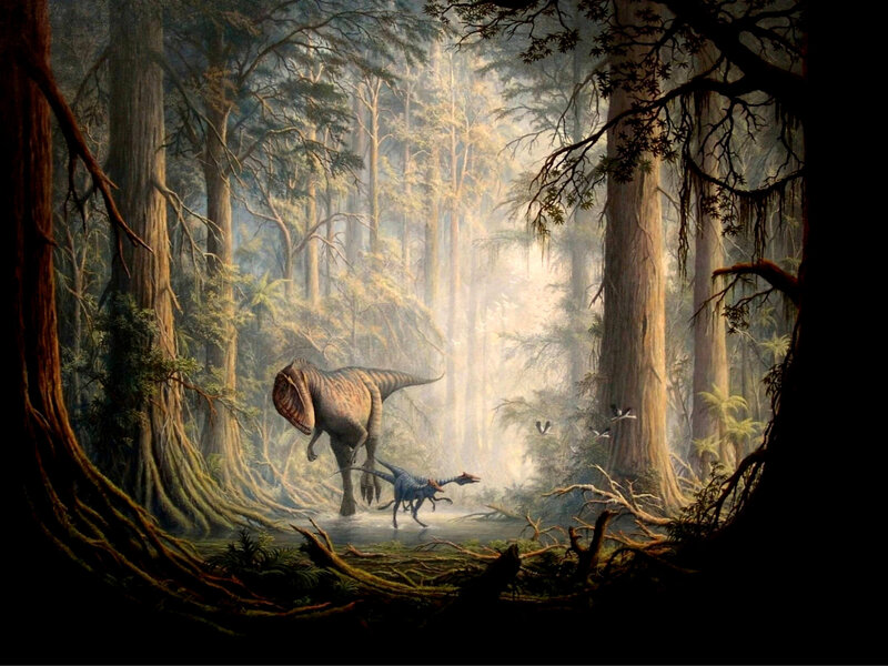 Dinosaurs in a prehistoric forest