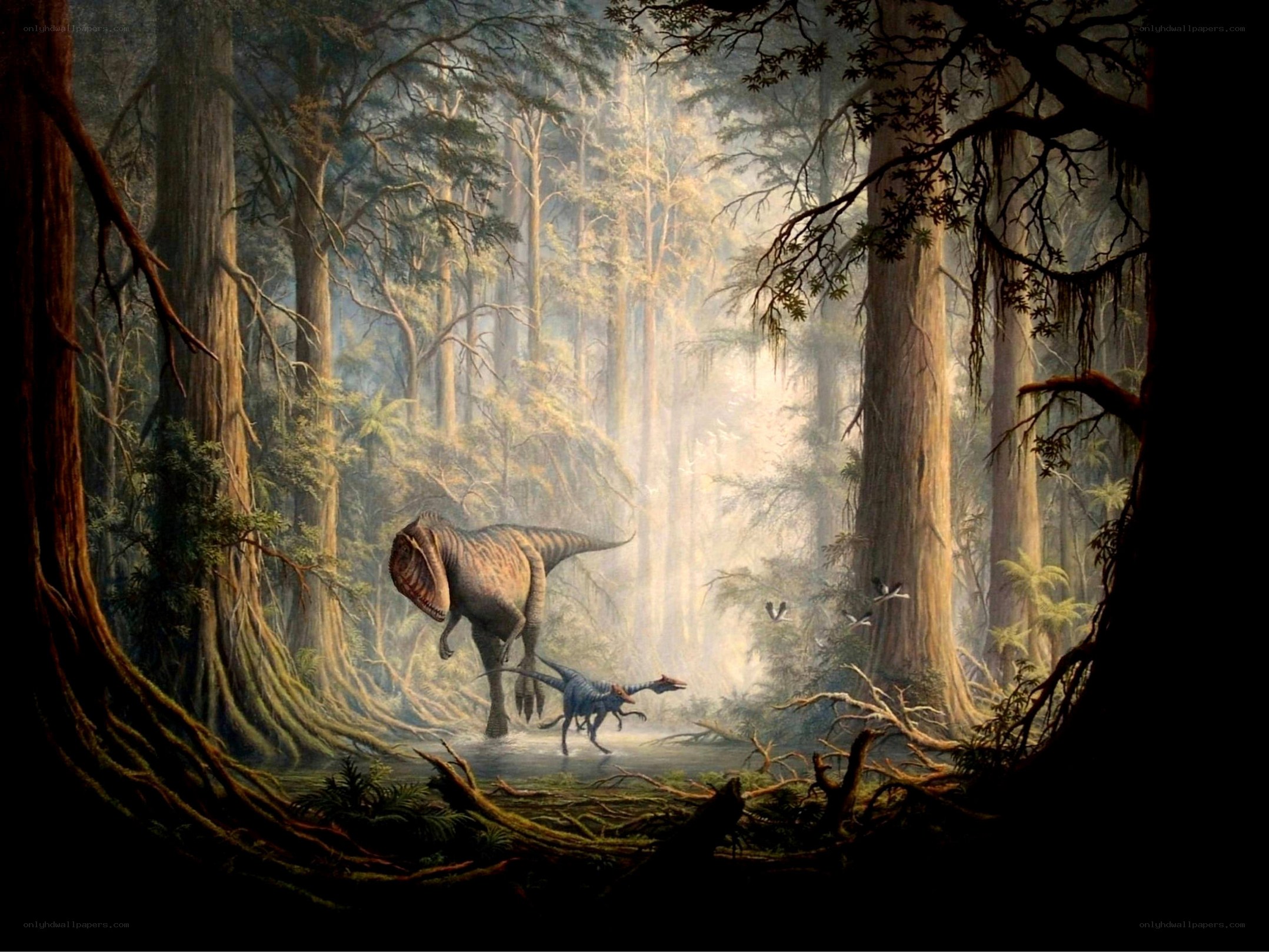 Dinosaurs in a prehistoric forest