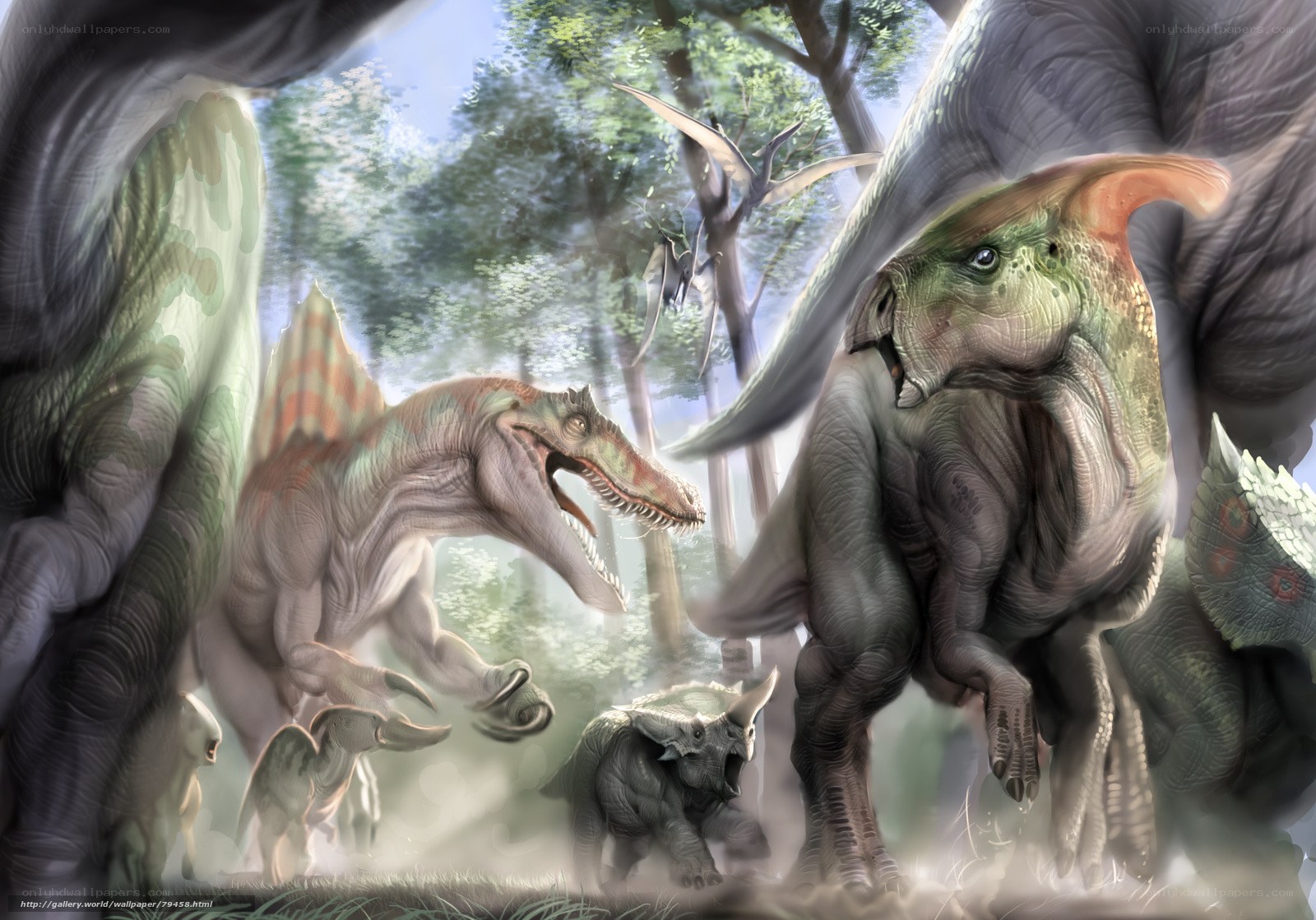 Dinosaurs in a prehistoric forest