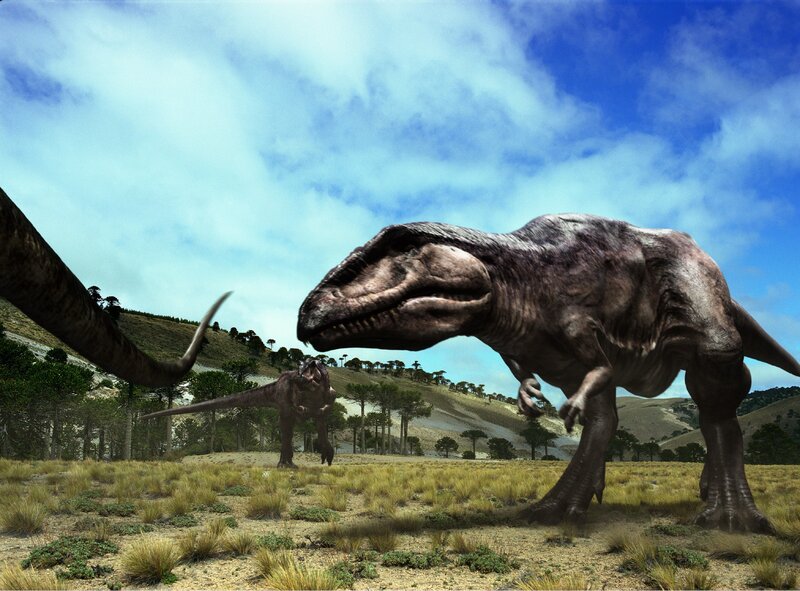 Dinosaurs in a prehistoric landscape