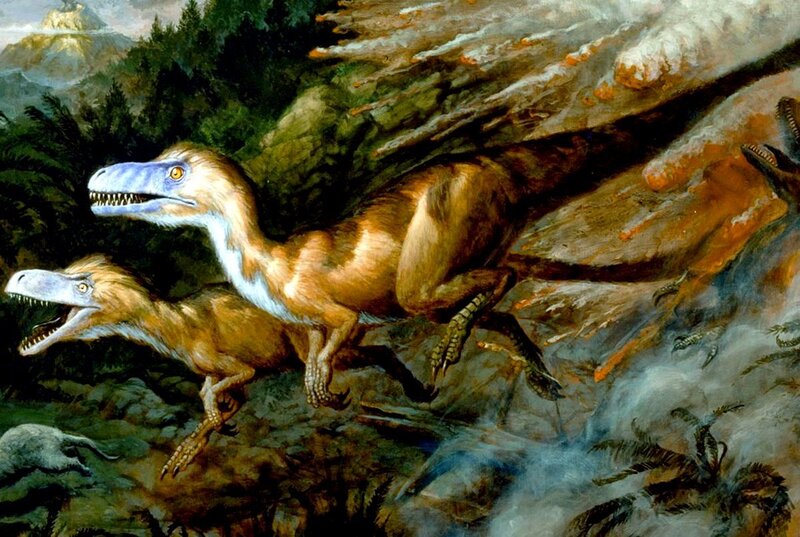 Dinosaurs in a prehistoric landscape