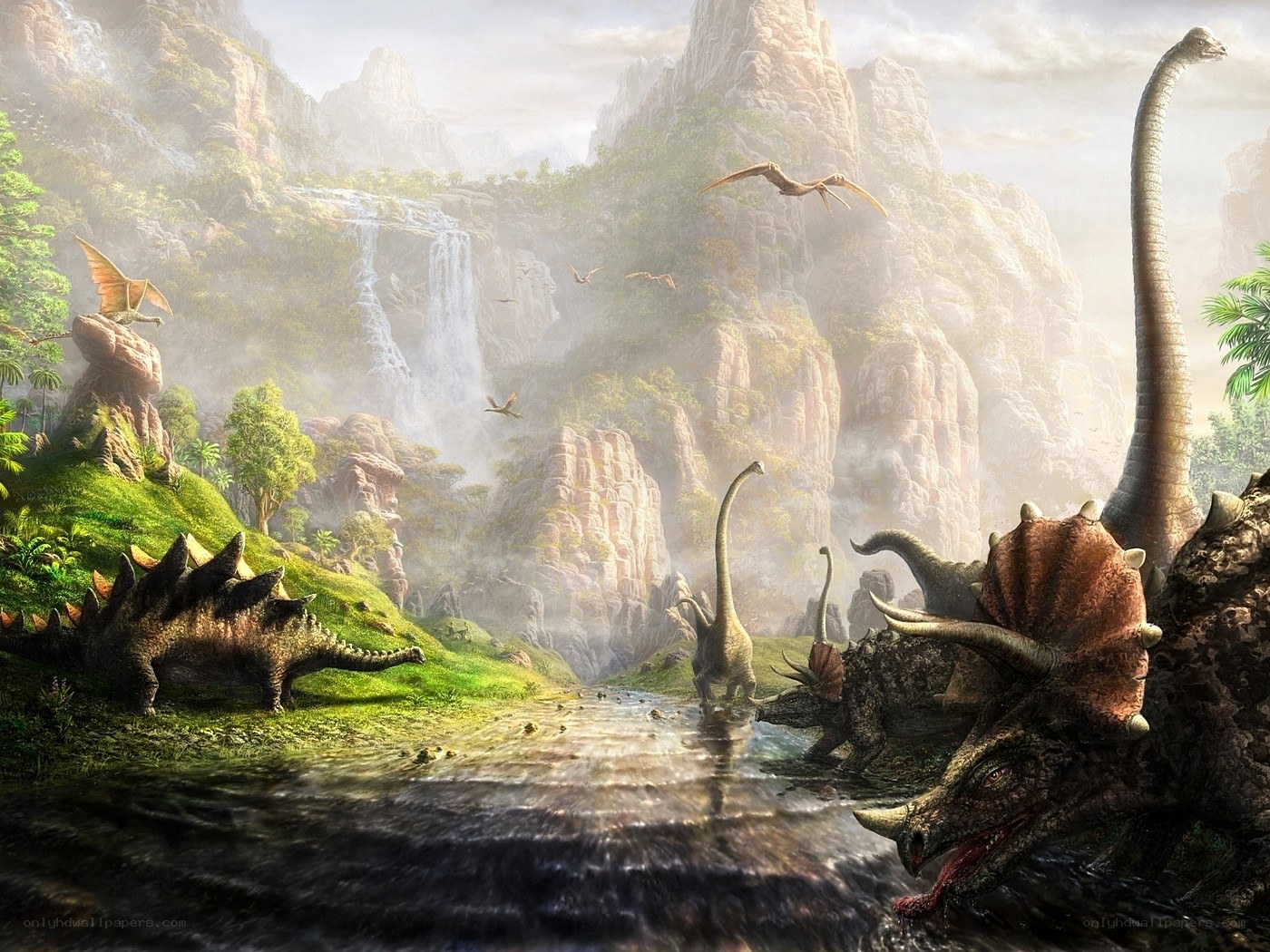 Dinosaurs in a prehistoric valley
