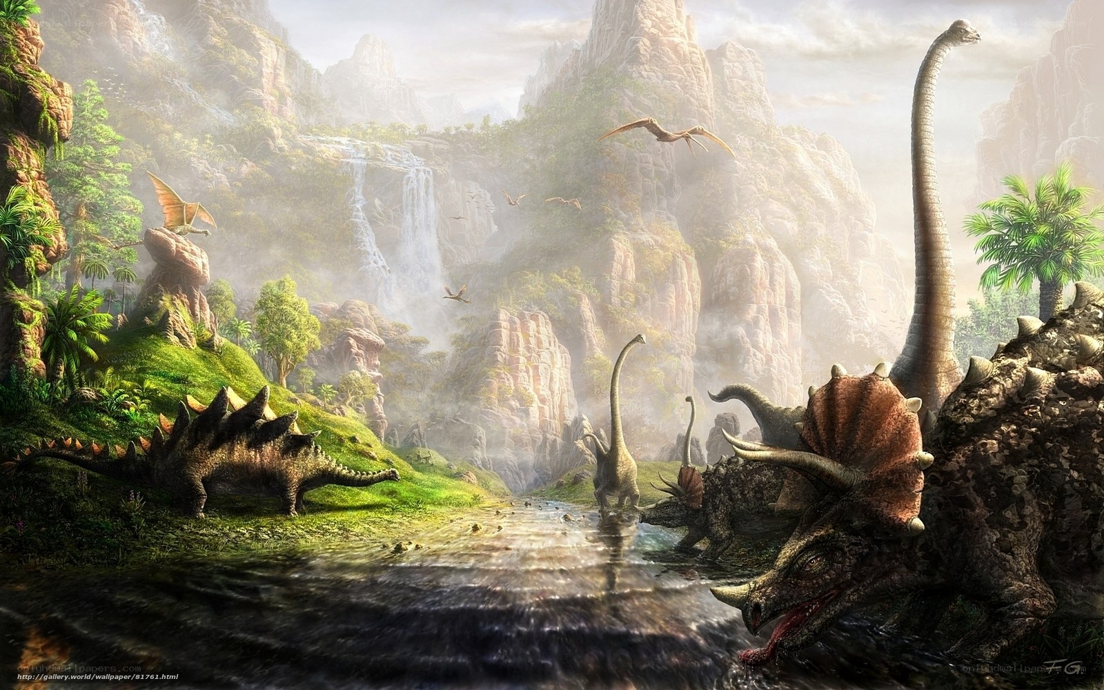 Dinosaurs in a prehistoric valley