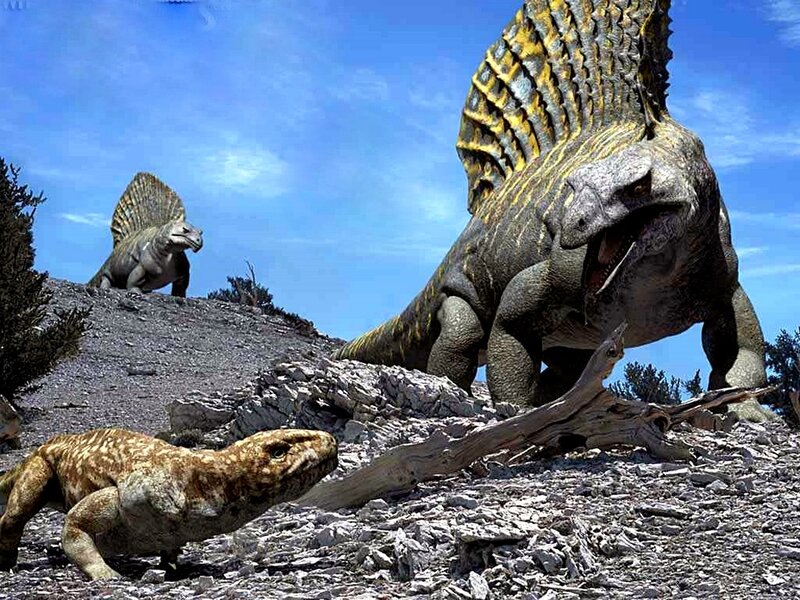 Dinosaurs in a rocky landscape