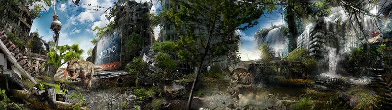 Dinosaurs in a ruined city