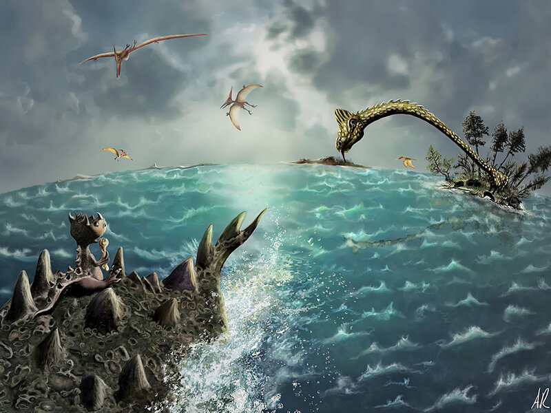 Dinosaurs in a stormy sea