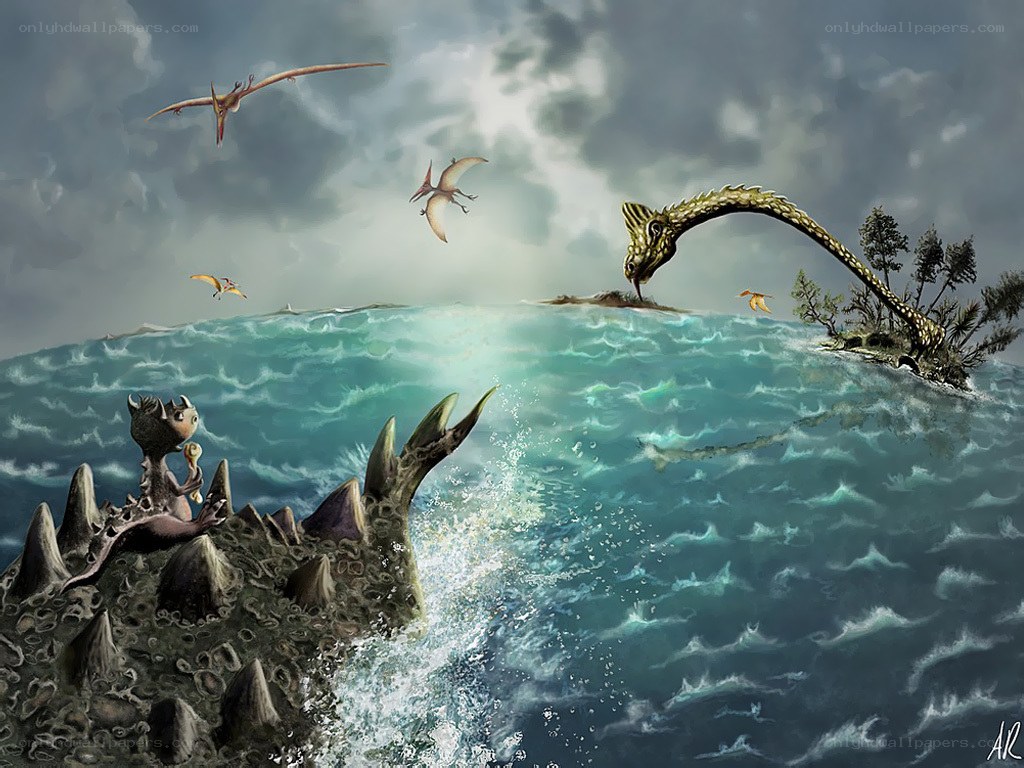 Dinosaurs in a stormy sea