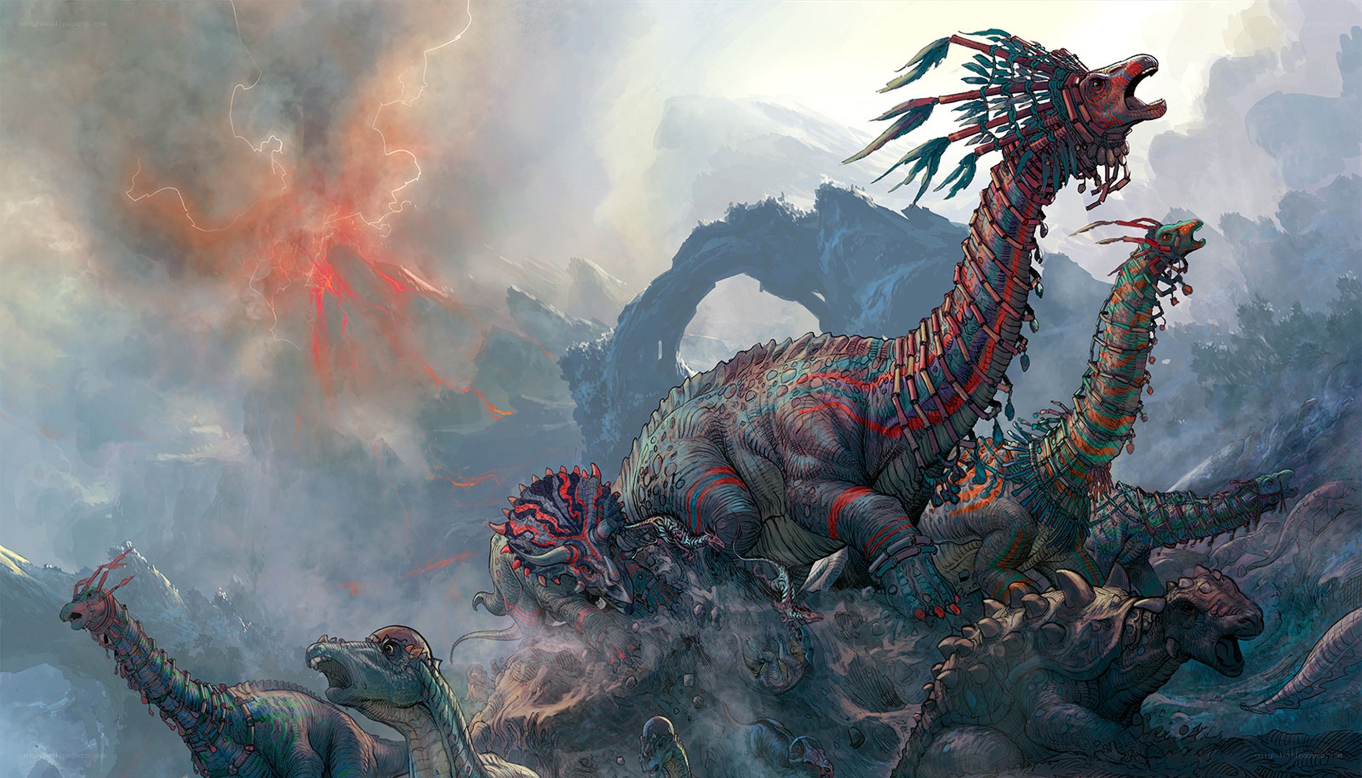 Dinosaurs in a volcanic landscape