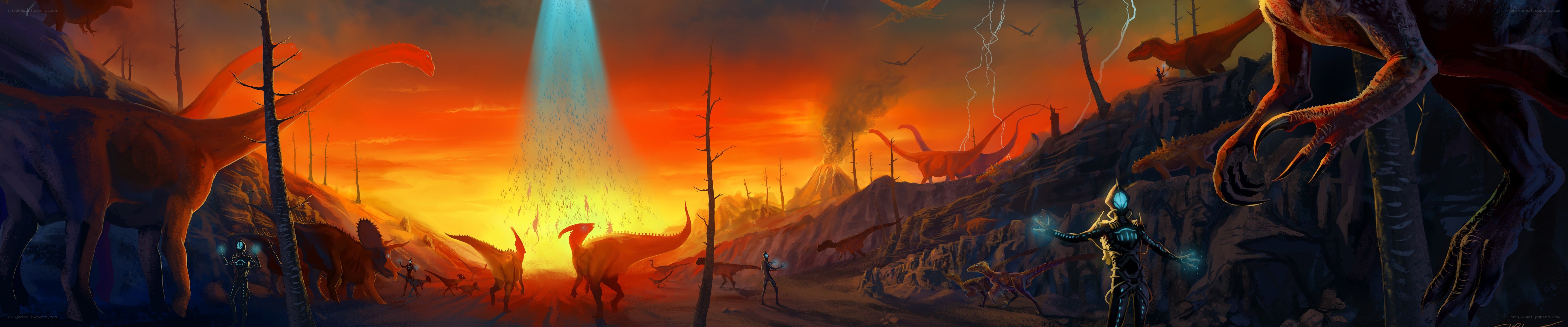 Dinosaurs in a volcanic landscape