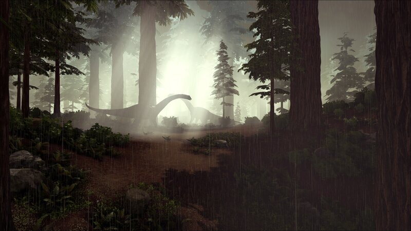 Dinosaurs in Forest — Green, Misty