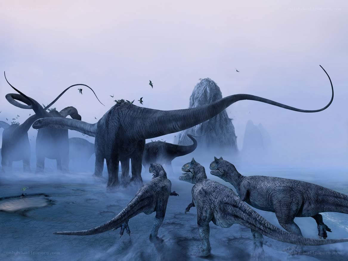 Dinosaurs in misty landscape