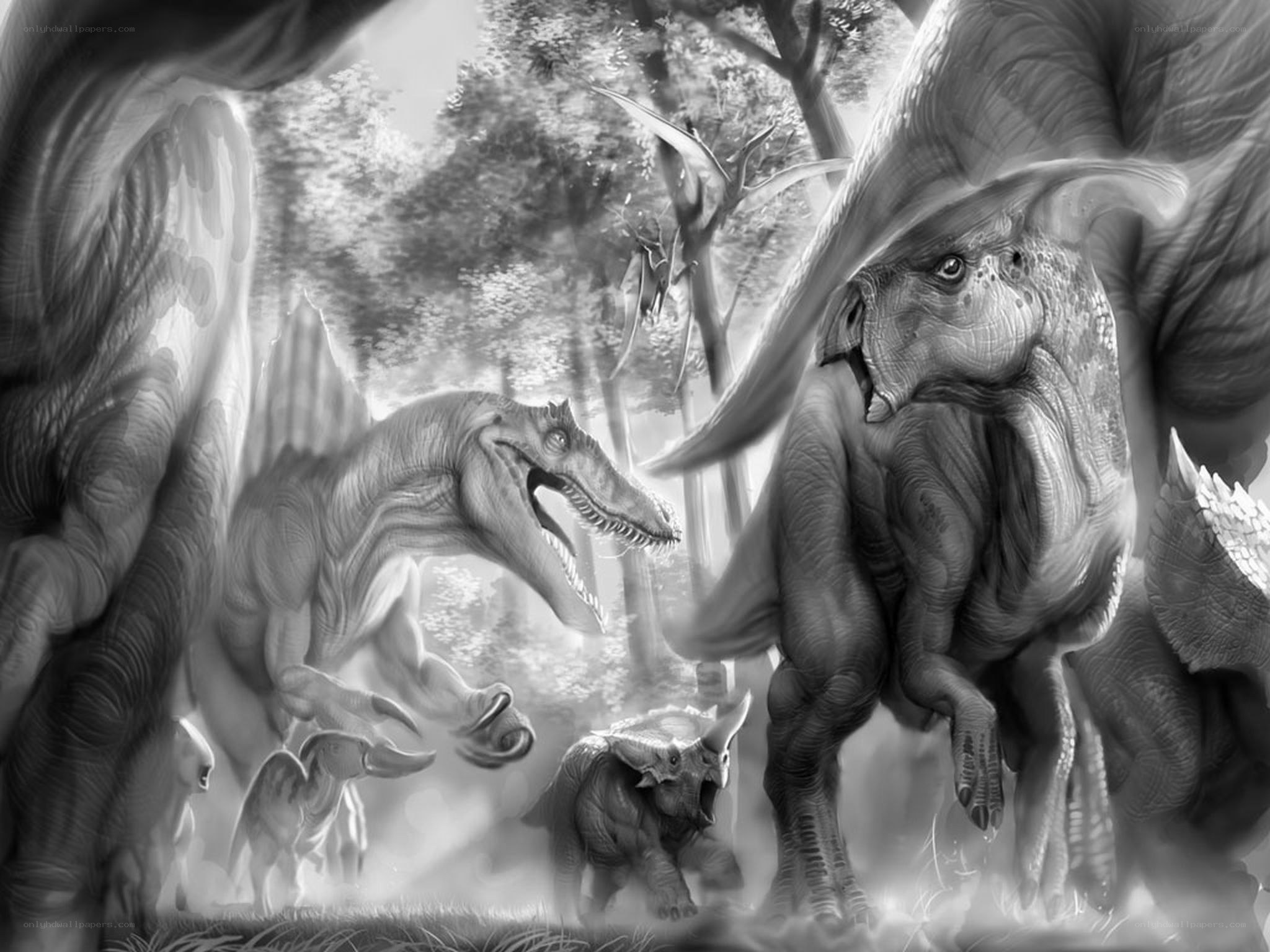 Dinosaurs in prehistoric forest