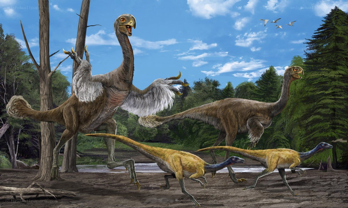 Dinosaurs in prehistoric forest