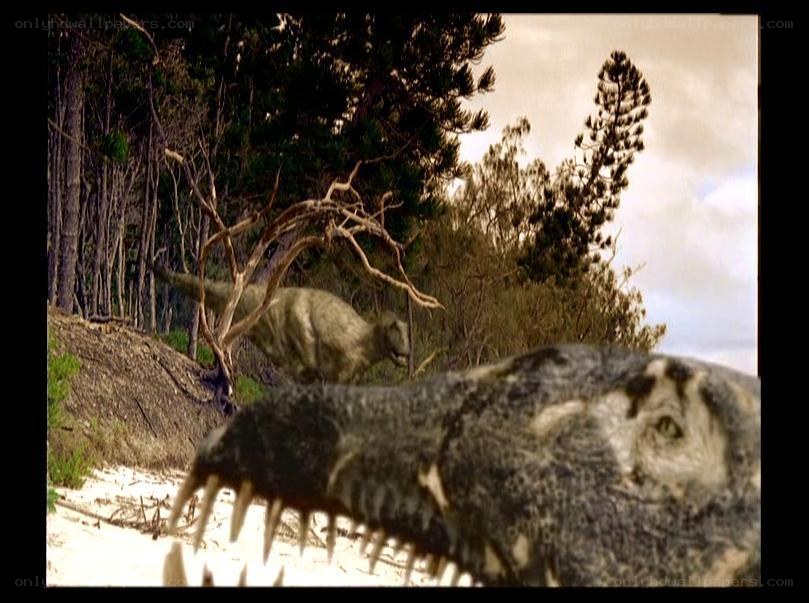 Dinosaurs in prehistoric forest