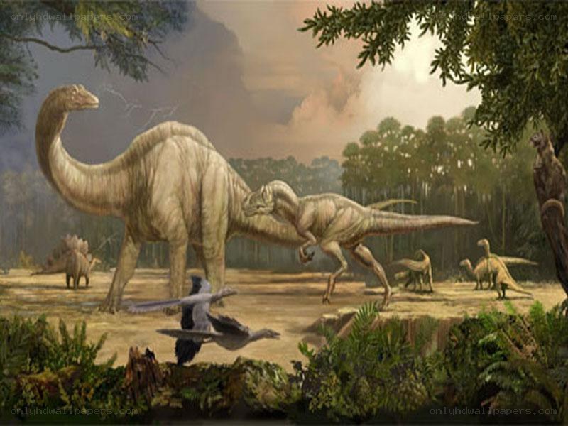 Dinosaurs in prehistoric forest