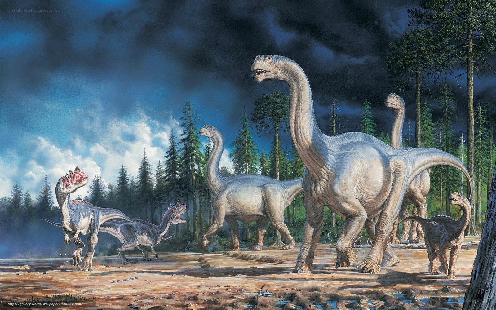 Dinosaurs in prehistoric forest