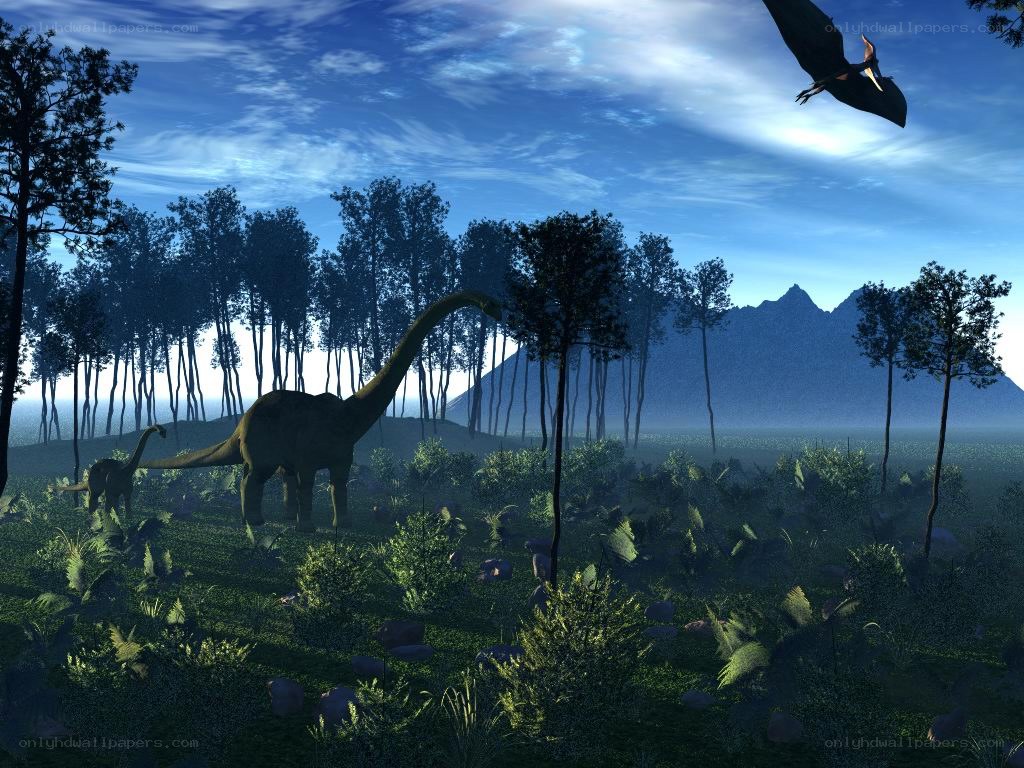 Dinosaurs in prehistoric forest