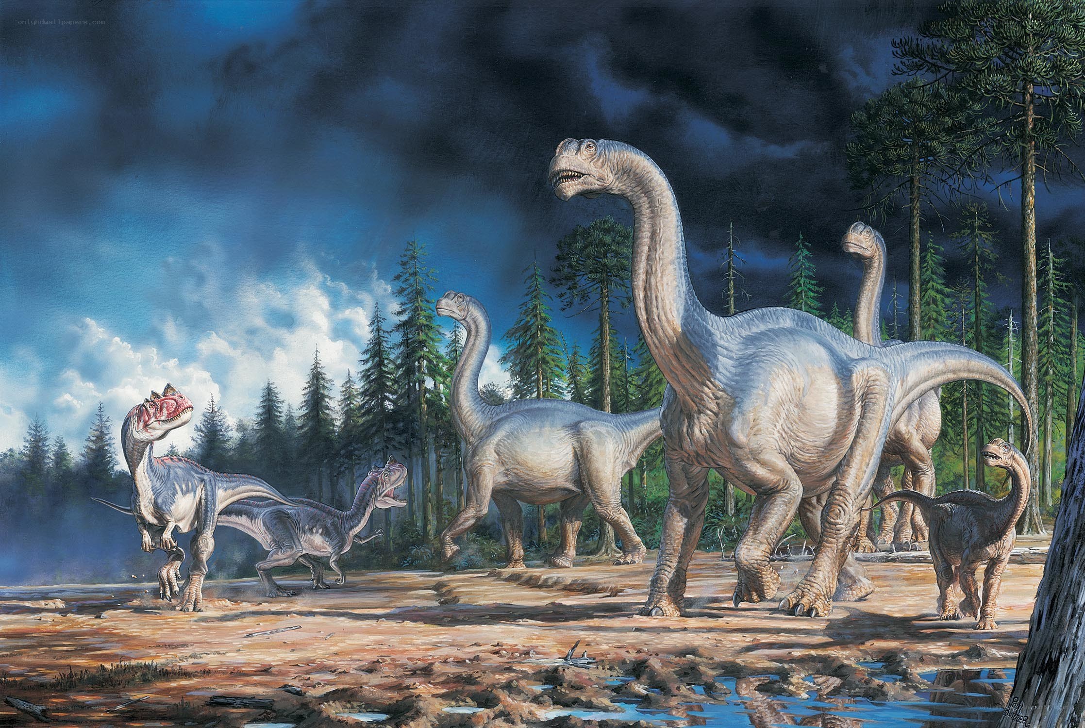 Dinosaurs in prehistoric forest