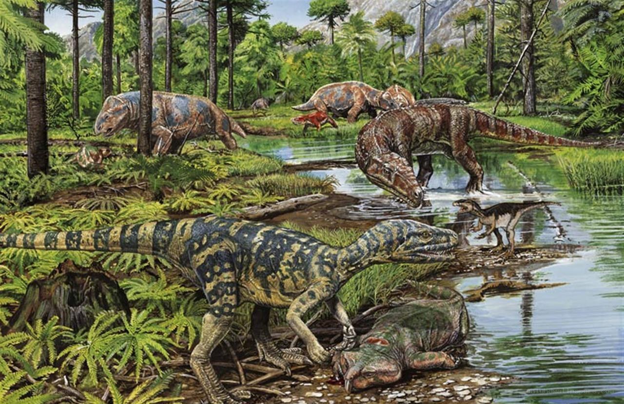 Dinosaurs in prehistoric forest