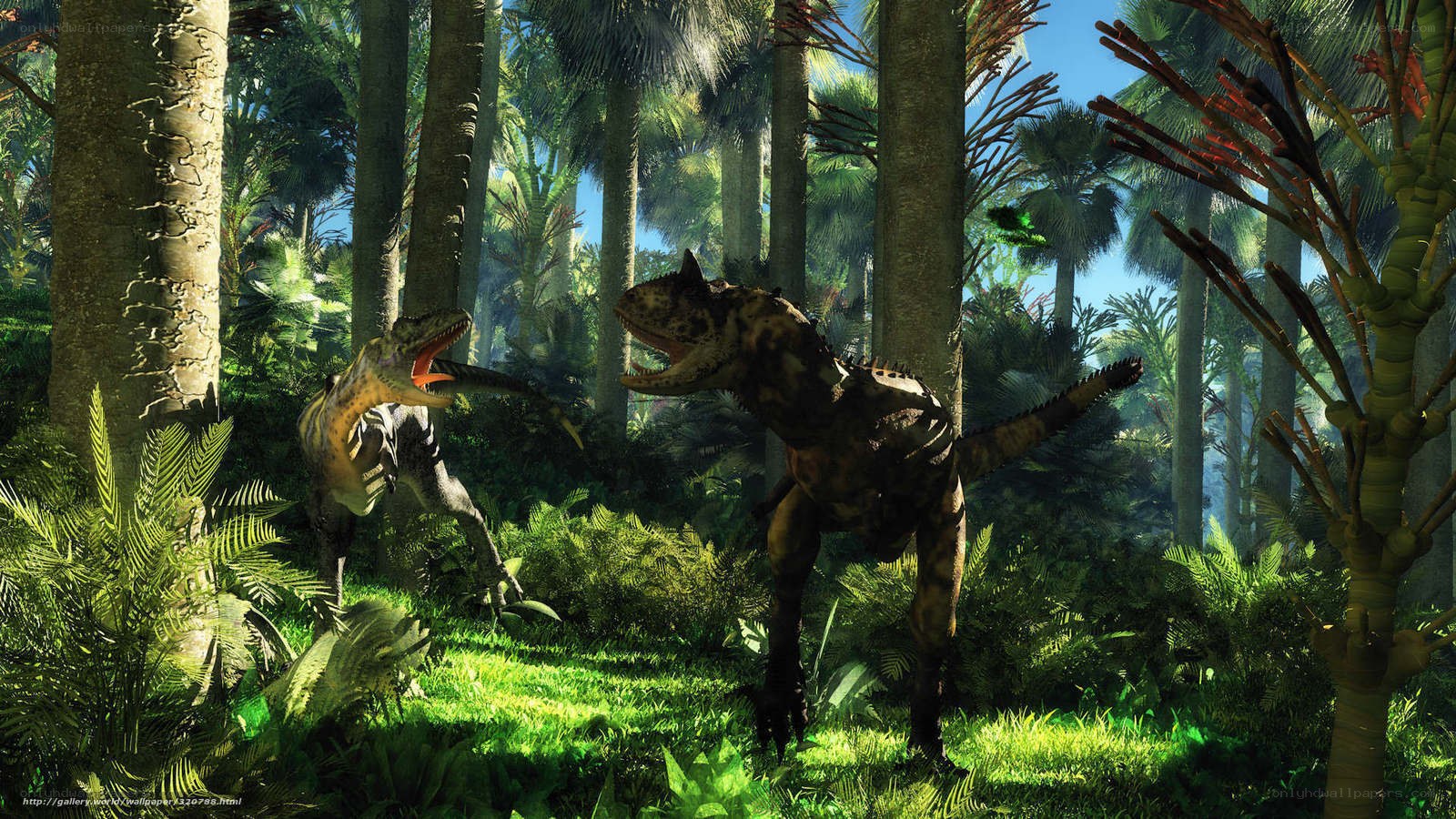 Dinosaurs in prehistoric forest