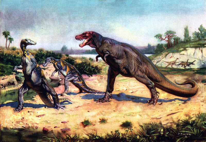 Dinosaurs in prehistoric landscape