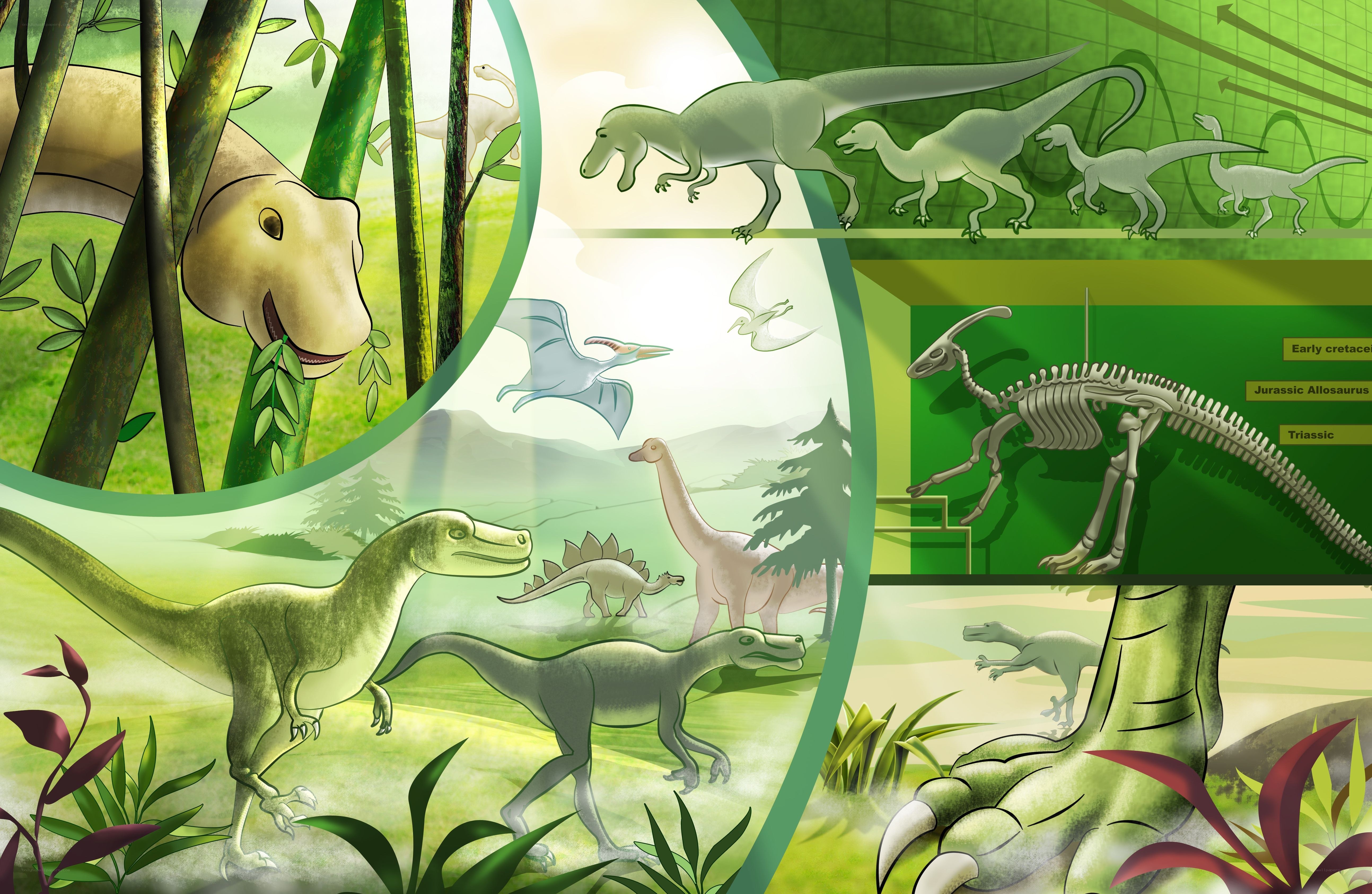 Dinosaurs in prehistoric landscape