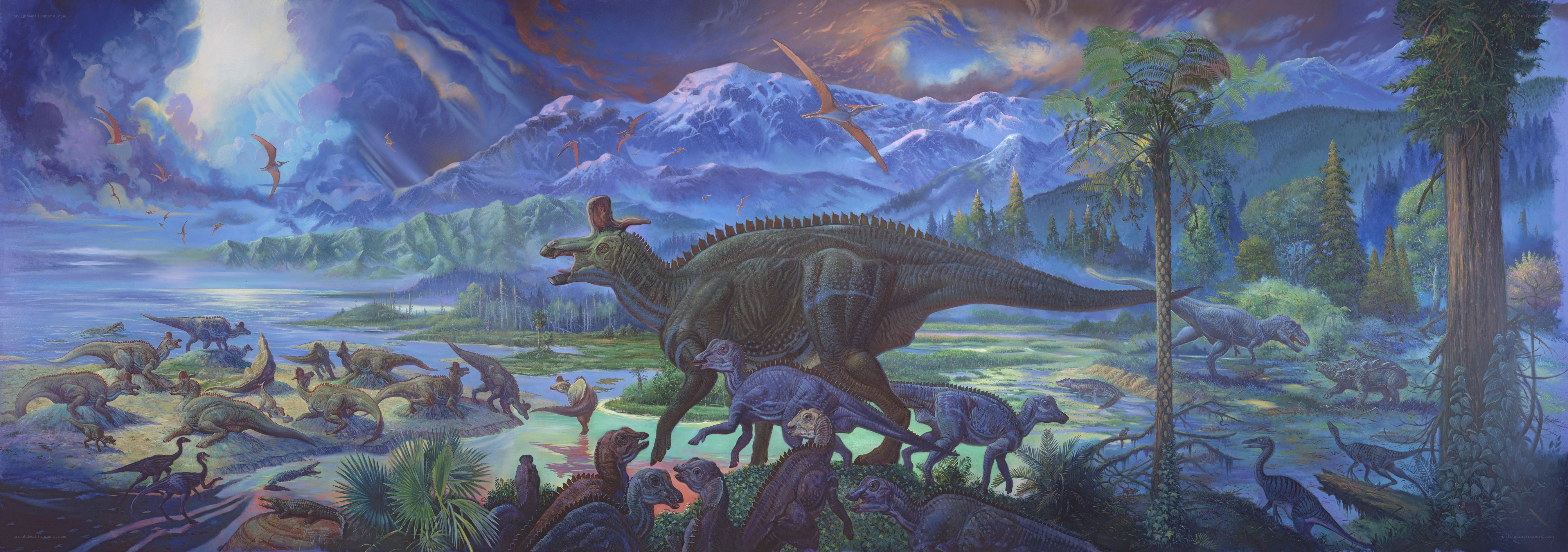 Dinosaurs in prehistoric landscape