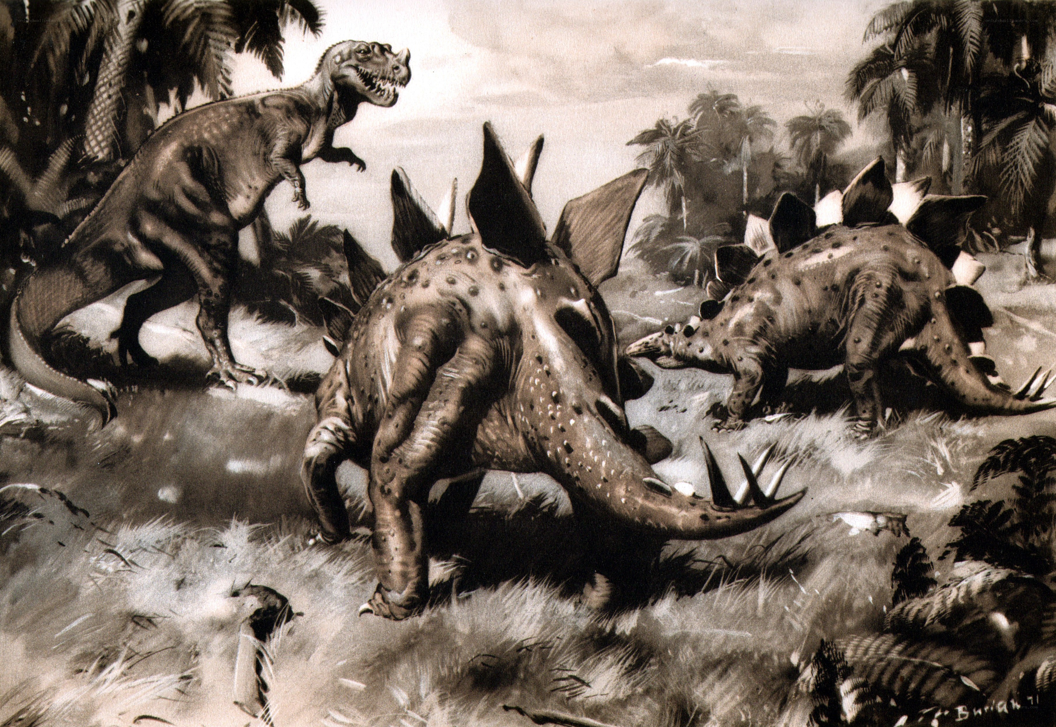 Dinosaurs in prehistoric landscape