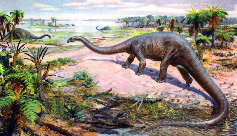 Dinosaurs in prehistoric landscape
