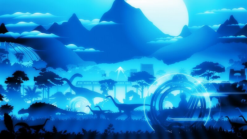 Dinosaurs in Prehistoric Landscape — Blue, Serene