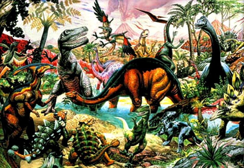 Dinosaurs in Prehistoric Landscape — Green, Chaotic