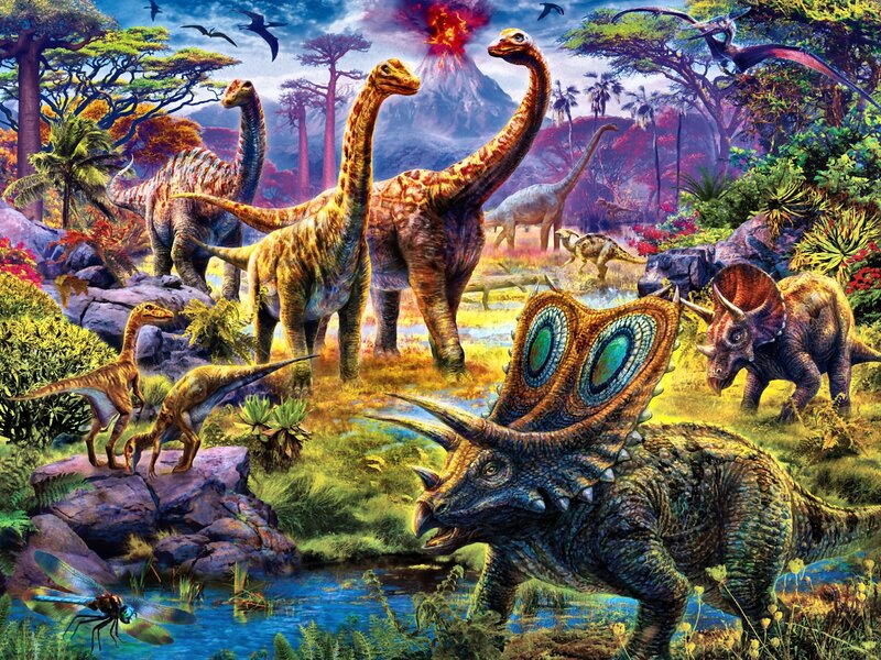 Dinosaurs in Prehistoric Landscape — Green, Dramatic, Afternoon, Illustration