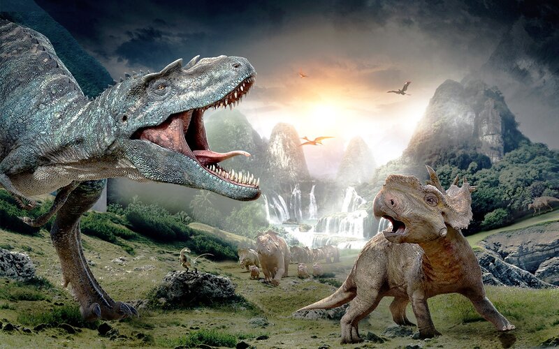 Dinosaurs in Prehistoric Landscape — Green, Dramatic, Sunset, Digital Art