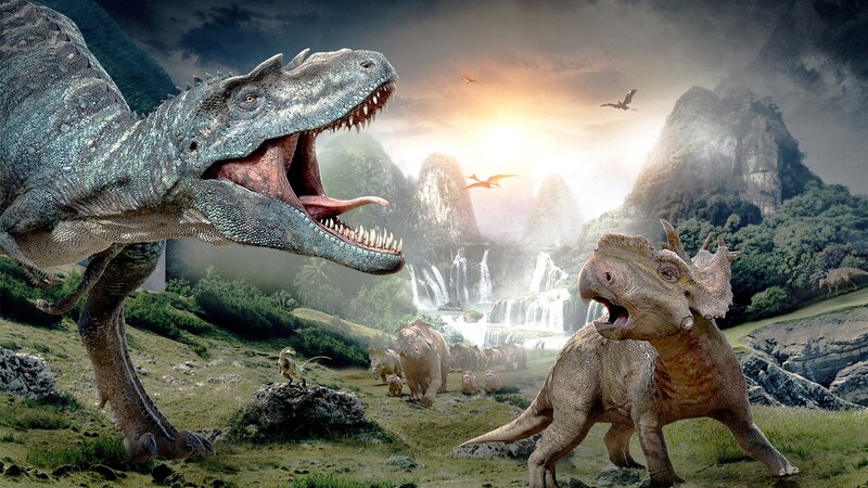 Dinosaurs in Prehistoric Landscape — Green, Dramatic, Sunset