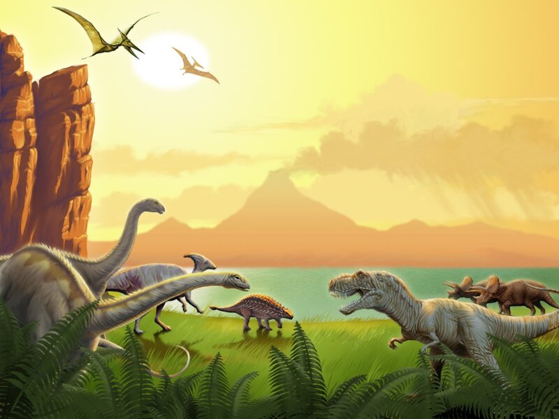 Dinosaurs in Prehistoric Landscape — Yellow