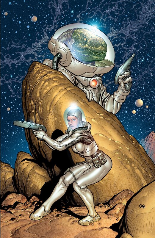 Dinosaurs in space suits