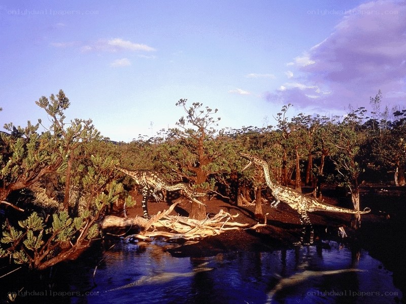 Dinosaurs near a river