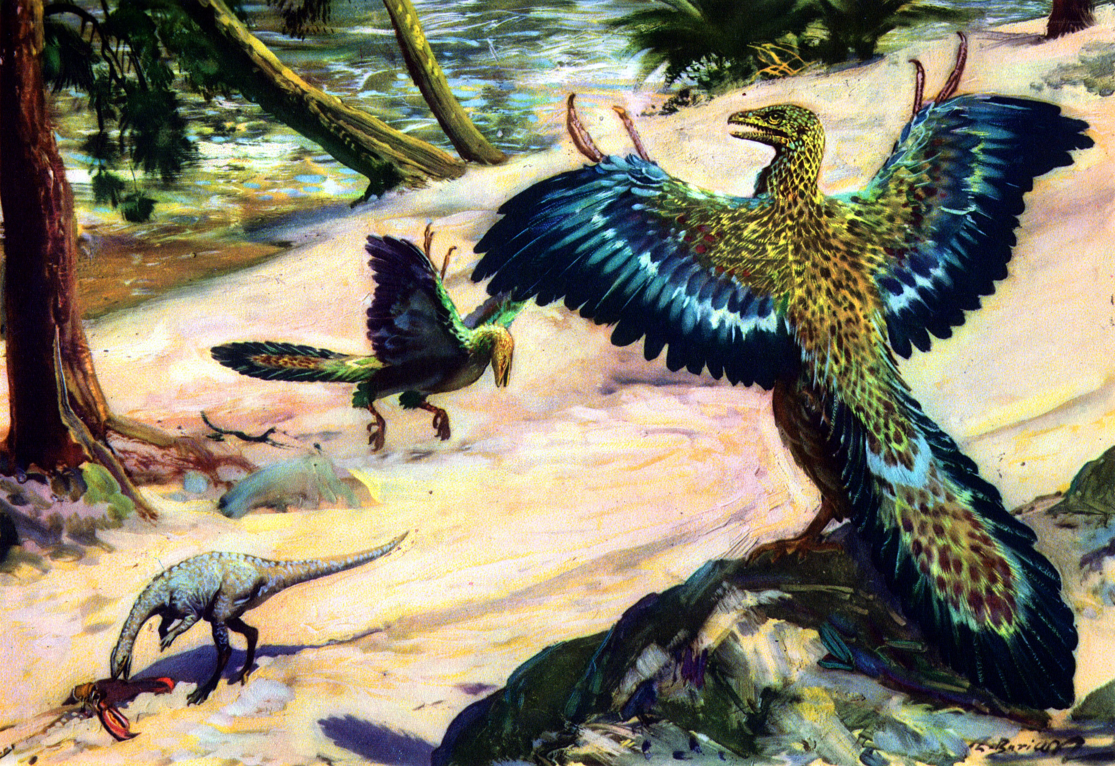 Dinosaurs near a river