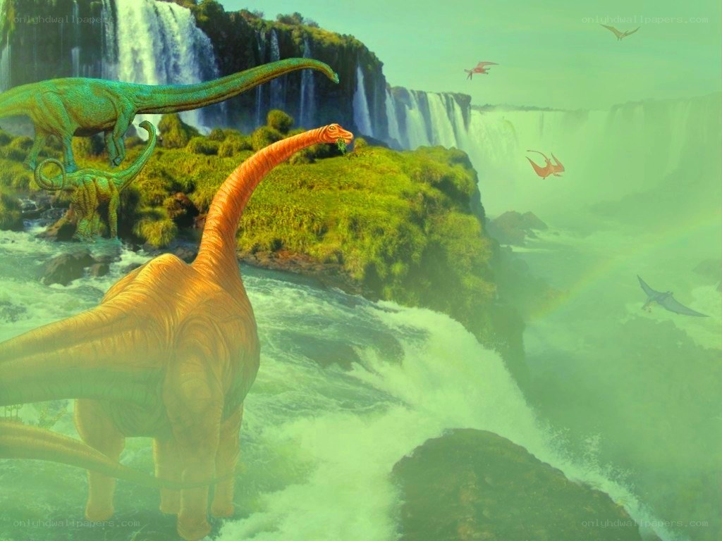 Dinosaurs near a waterfall