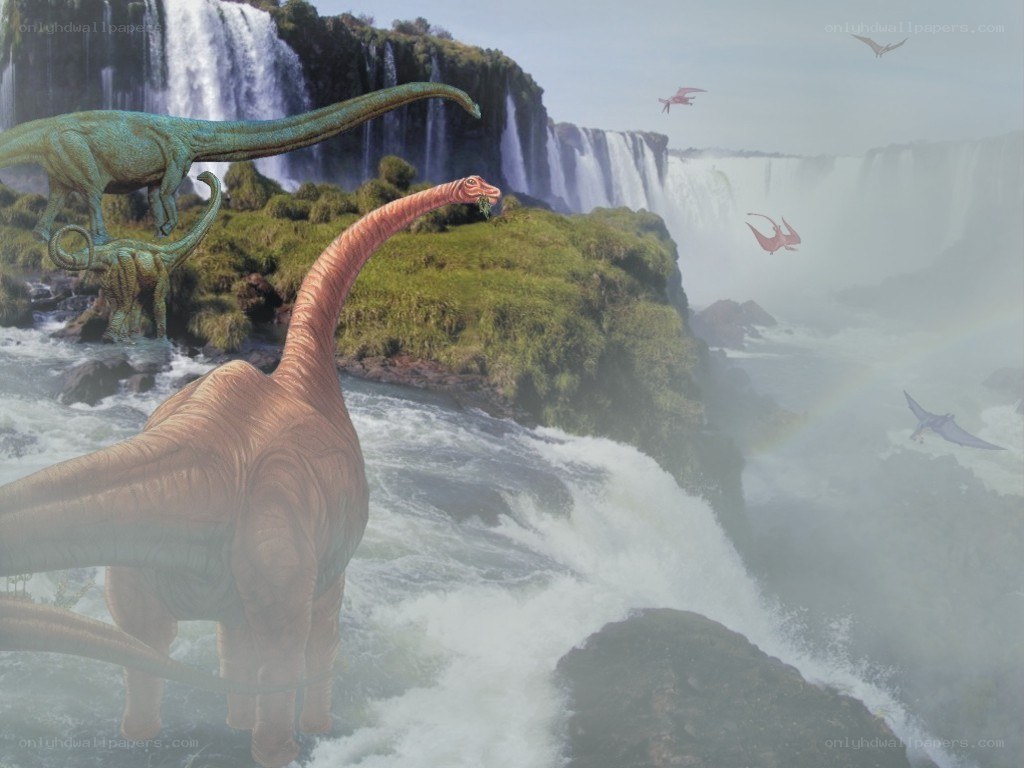 Dinosaurs near a waterfall