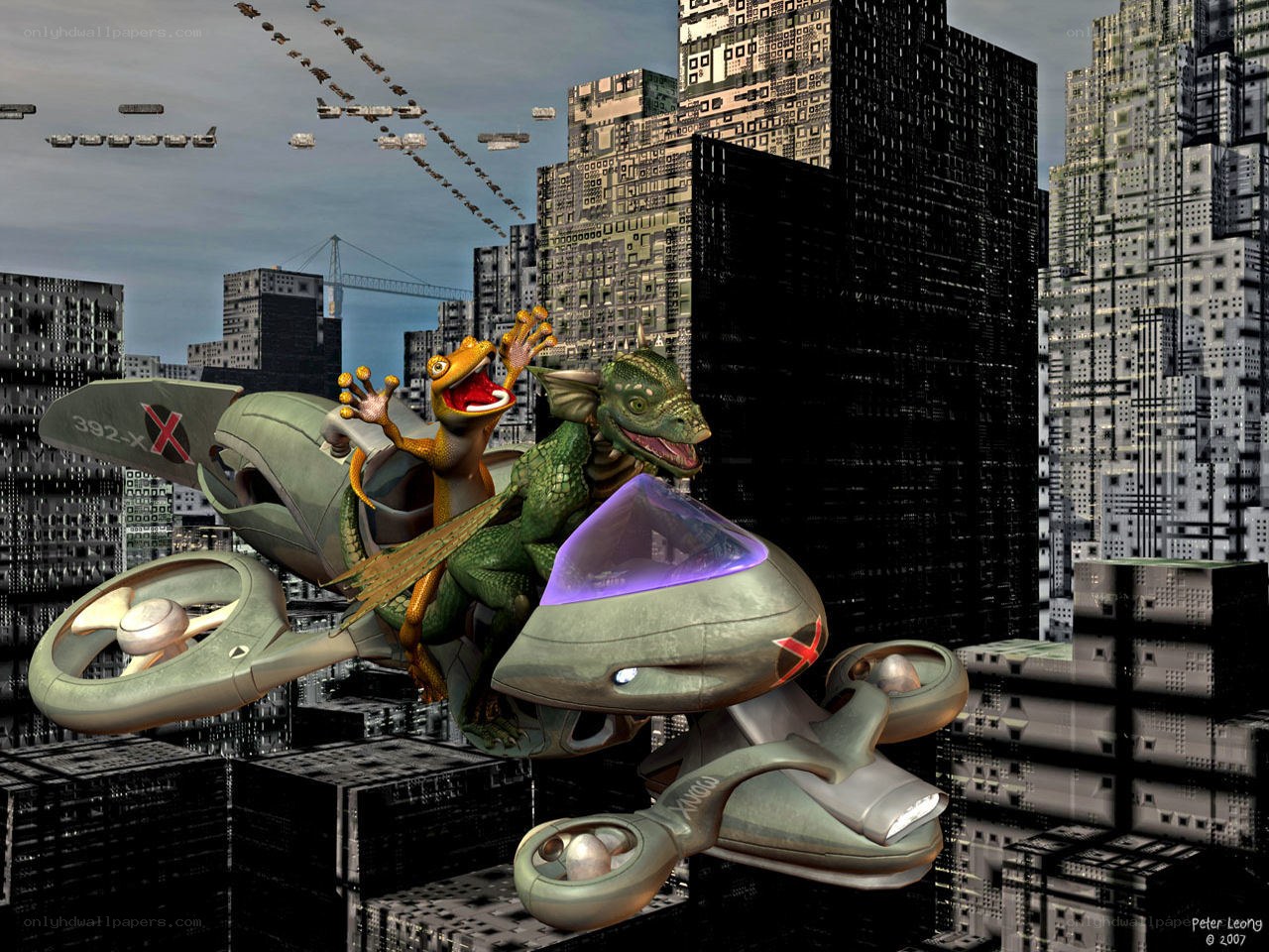 Dinosaurs on a flying vehicle