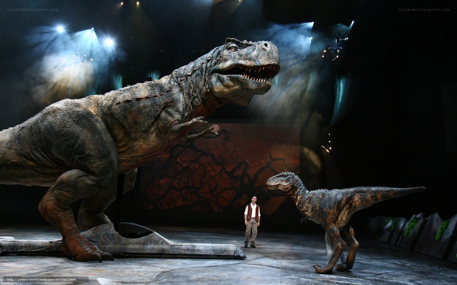 Dinosaurs on stage with actor