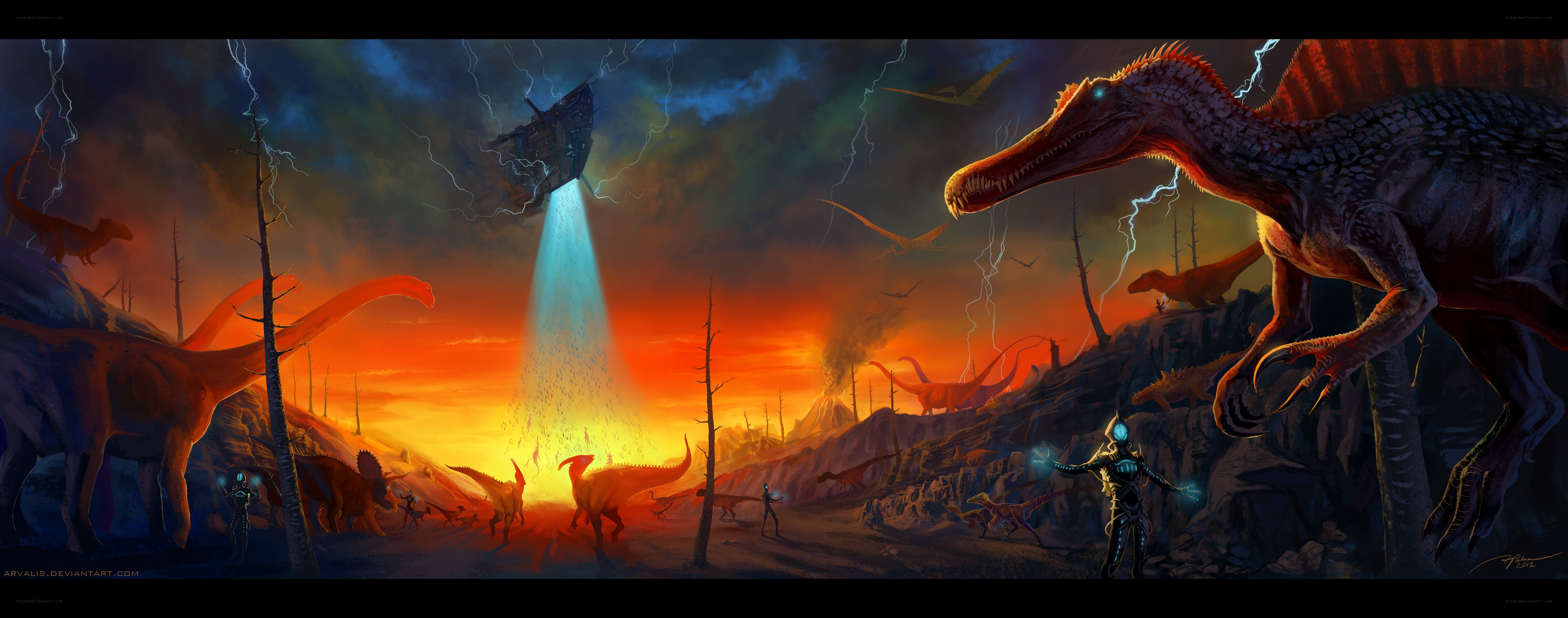 Dinosaurs under alien beam