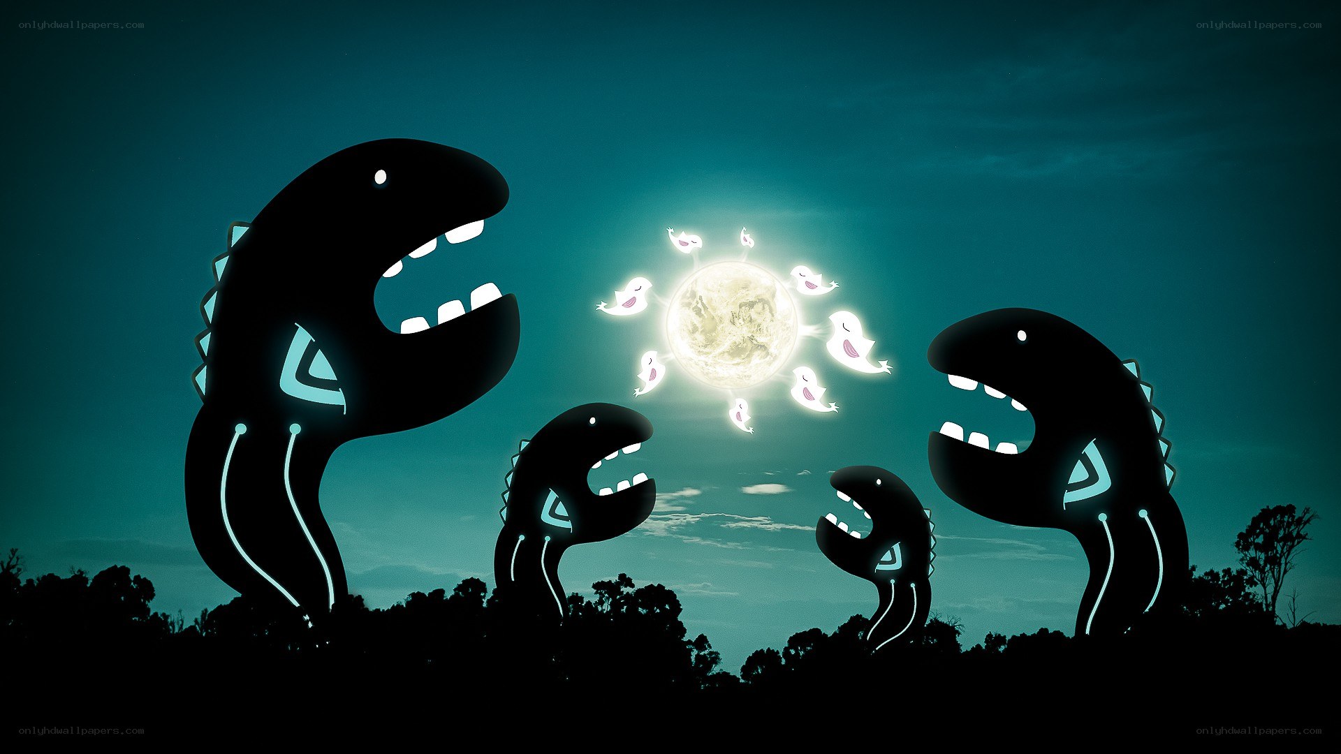 Dinosaurs under the moonlight